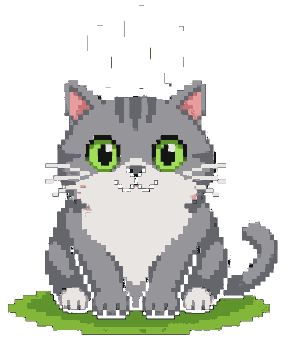 A scruffy grey pixel cat sitting on a patch of grass